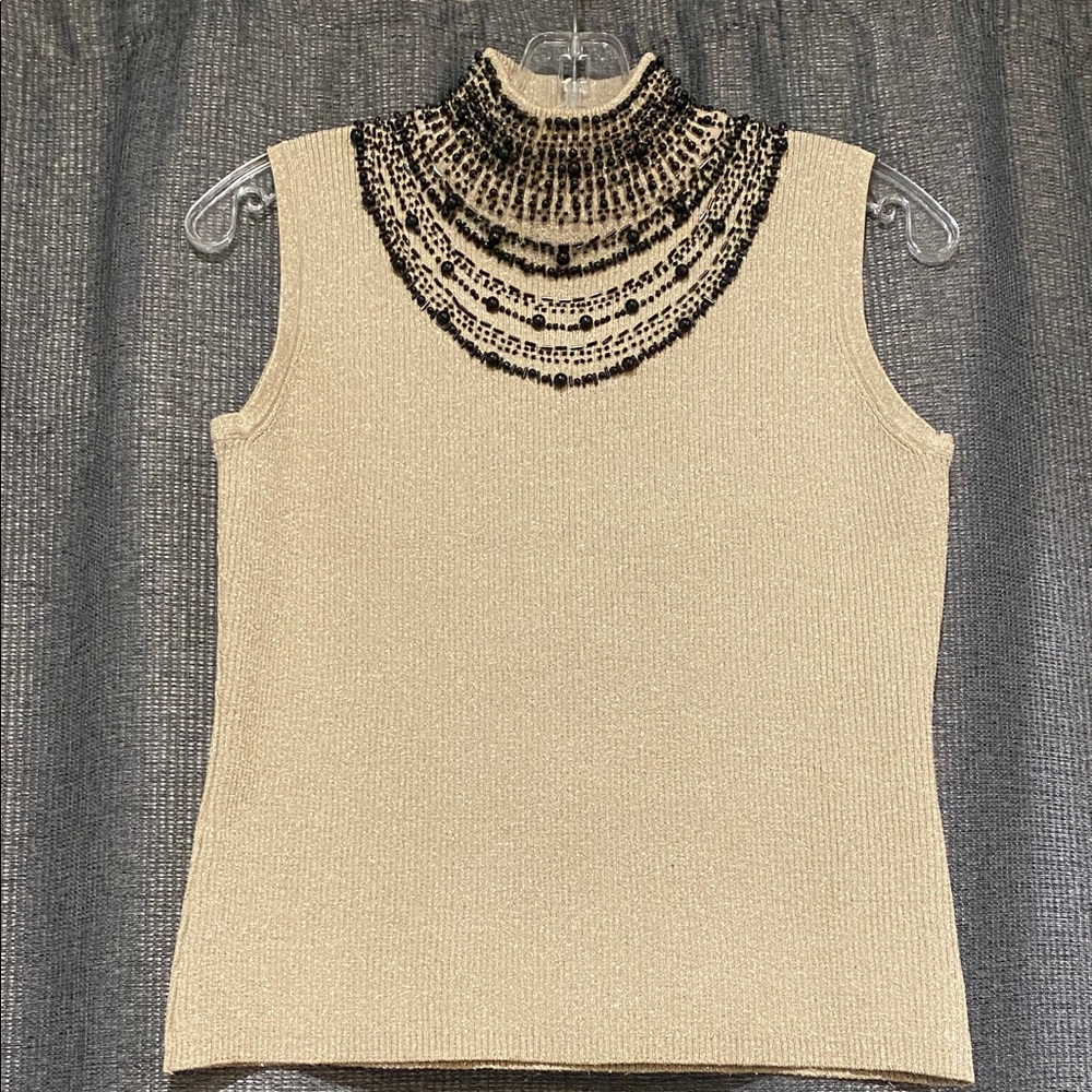 Grace Elements Beige Tank Top with Black Beaded Neckline